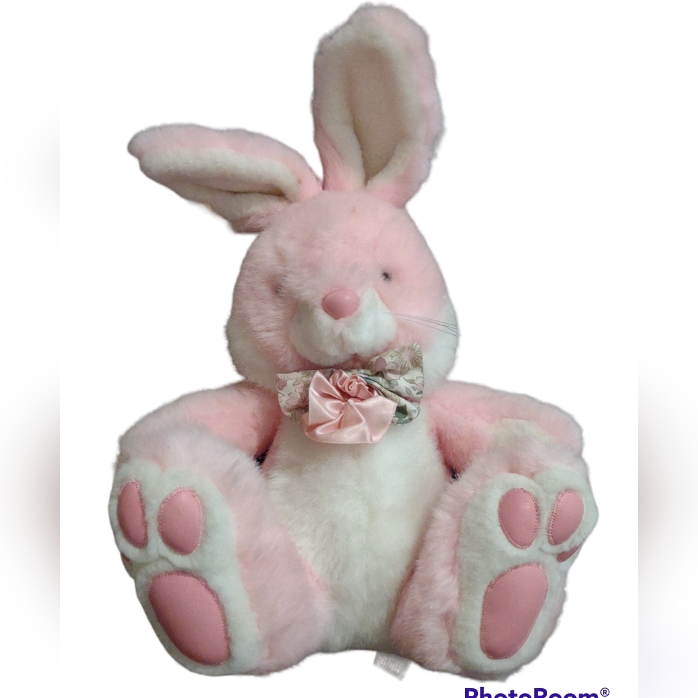 Vintage Cuddle Wit‎ Pink bunny plush with floral bow tie 14 Inches